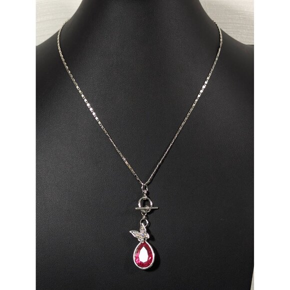 Boho Butterfly Teardrop Pendant AB Crystal Pave Toggle Necklace Silver Tone 18" - Picture 2 of 10